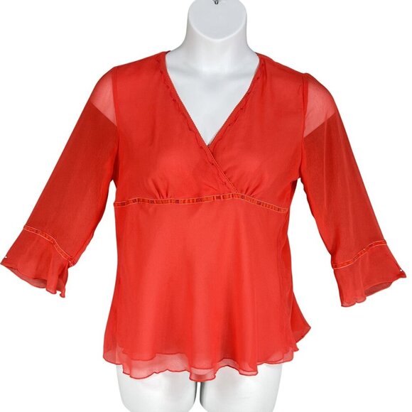 Y2K 90s Babydoll Top Womens L Red Chiffon Blouse 3/4 Bell Sleeve Sheer Ruffle - Picture 1 of 15